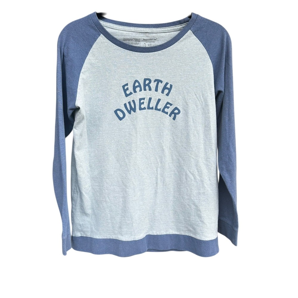 Patagonia Shirt Women's Small Blue Raglan Earth Dweller Responsibili-Tee